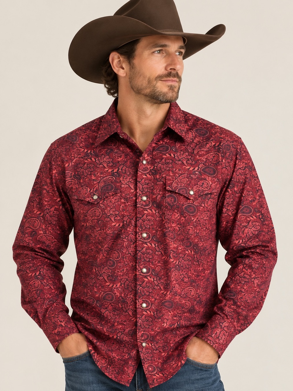 Ariat Men’s 100% Cotton Western Pearl Snap Long Sleeve Shirt Large Red Paisley